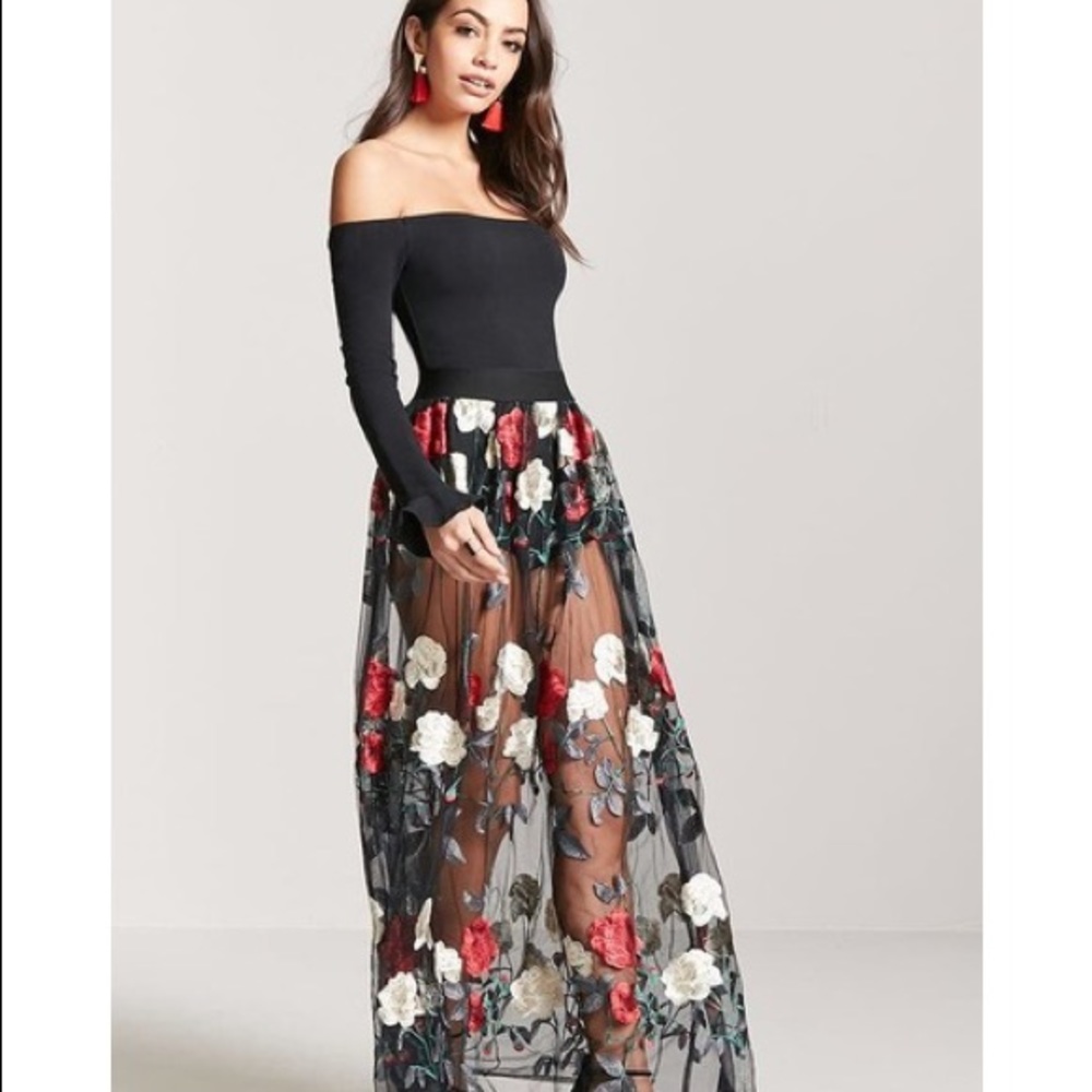 Flower Embroidered Mesh Midi A-Line Skirt main image 0